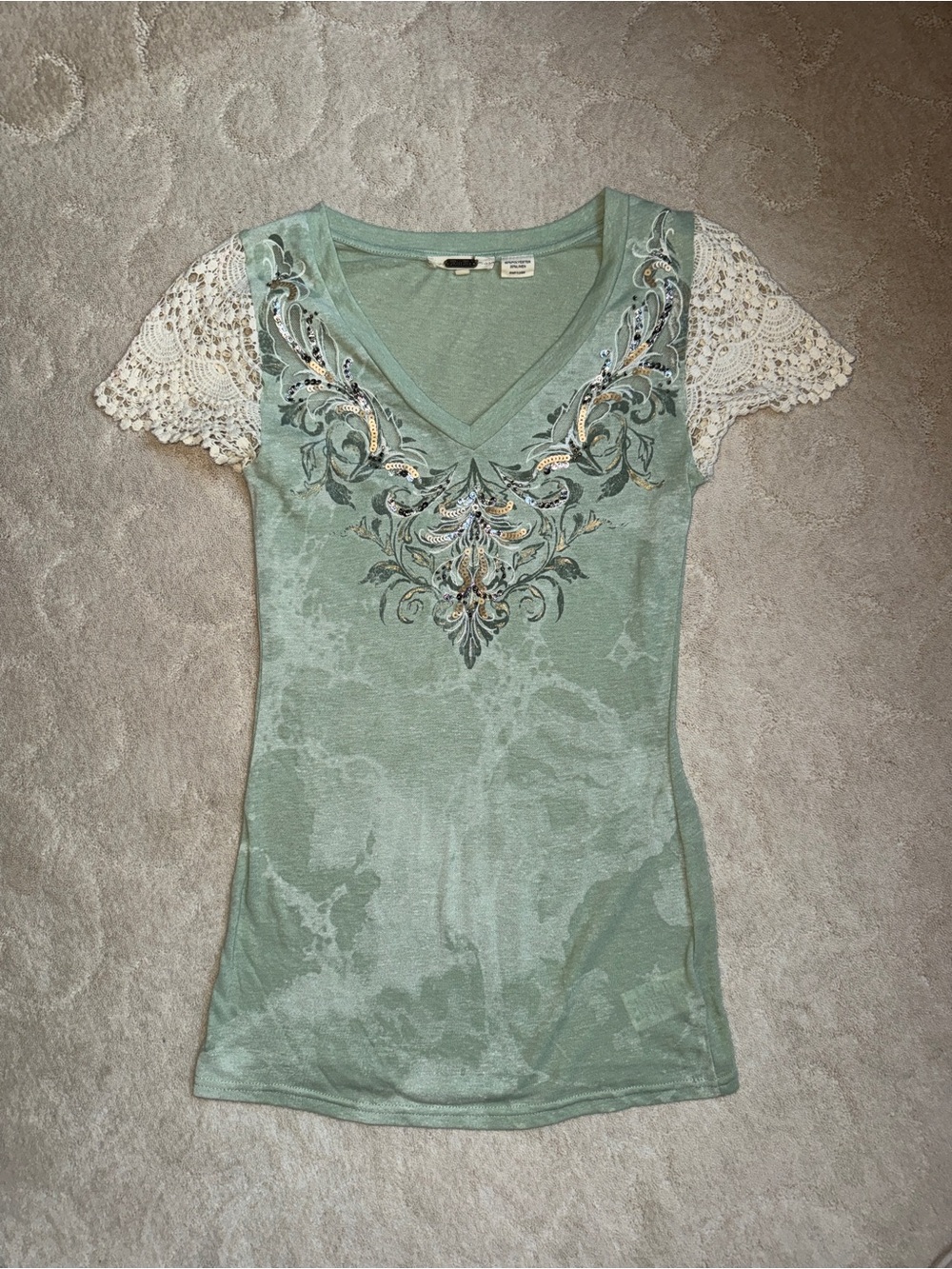 Women's Miss Me V-Neck Embroidered Green Top with Crochet Sleeves